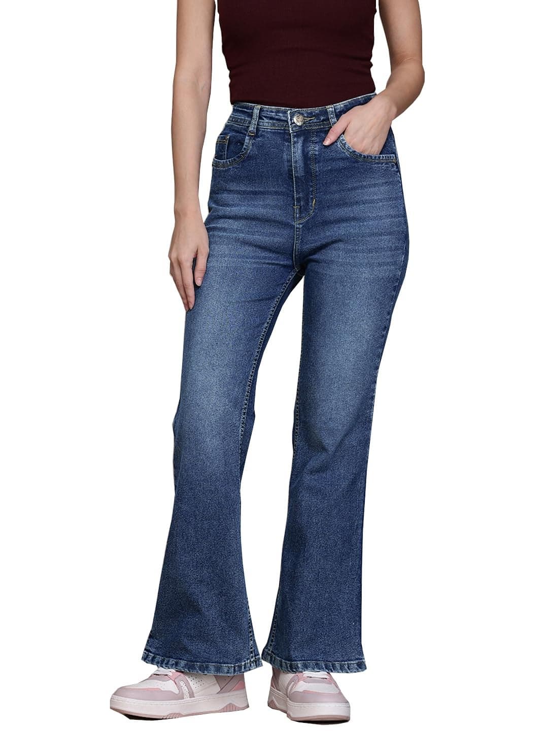 Nifty Women's Denim Stretchable High Waist Flared Jeans (1480_BLU_26_Blue_26)