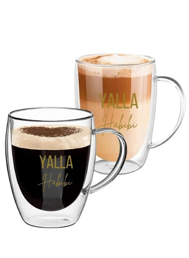 1CHASE Set of 2 - Double Walled Yalla Habibi Printed Glass Mug With Handle