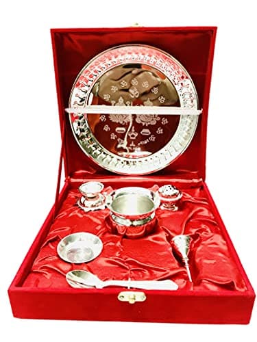 Gavya International Silver Plated Pooja thali Set Karwa chauth Pooja Plate Diwali Pooja Thali Navratri Navaratri puja Plate for Aarti Housewarming Thanksgiving with Red Velvet Box thali - 8.5 inch