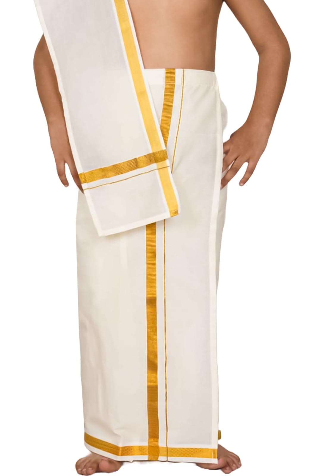 AMIRTHA FASHION Kerala Cotton Kasavu Mundu Dhoti for Boys, Offwhite with Golden Border, Sticky Tape Mundu (Offwhite) (13-14 Years)