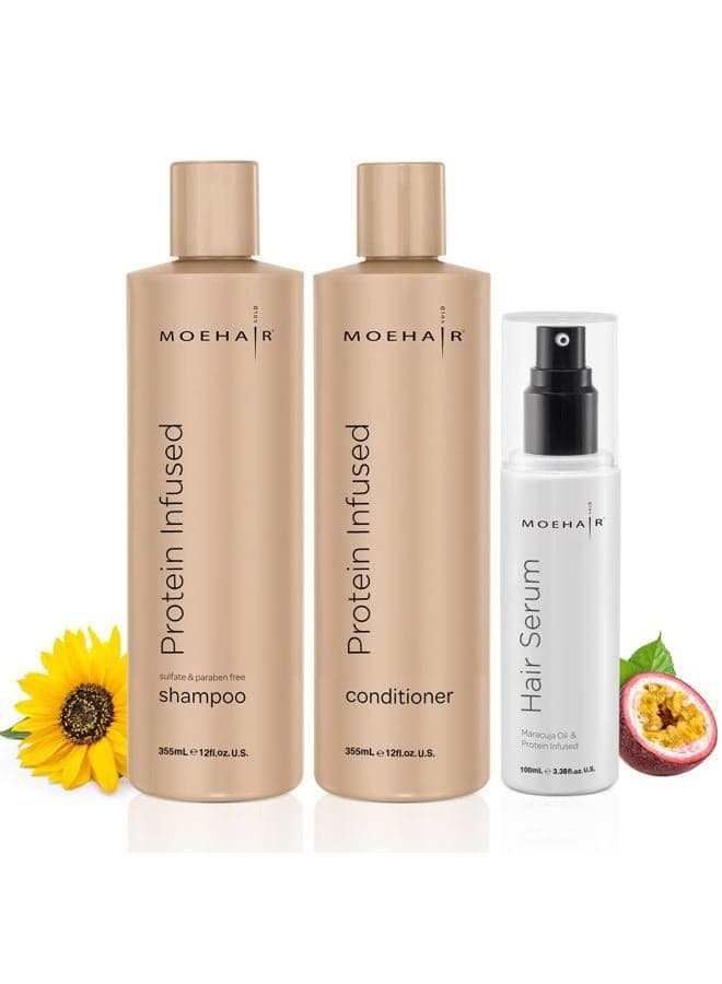 Moehair Protein Infused Shampoo and Conditioner with Hair Serum Pack | Sulfate and Paraben Free Shampoo | Revitalize Dull, Weak and Damaged Hair | Made in the USA