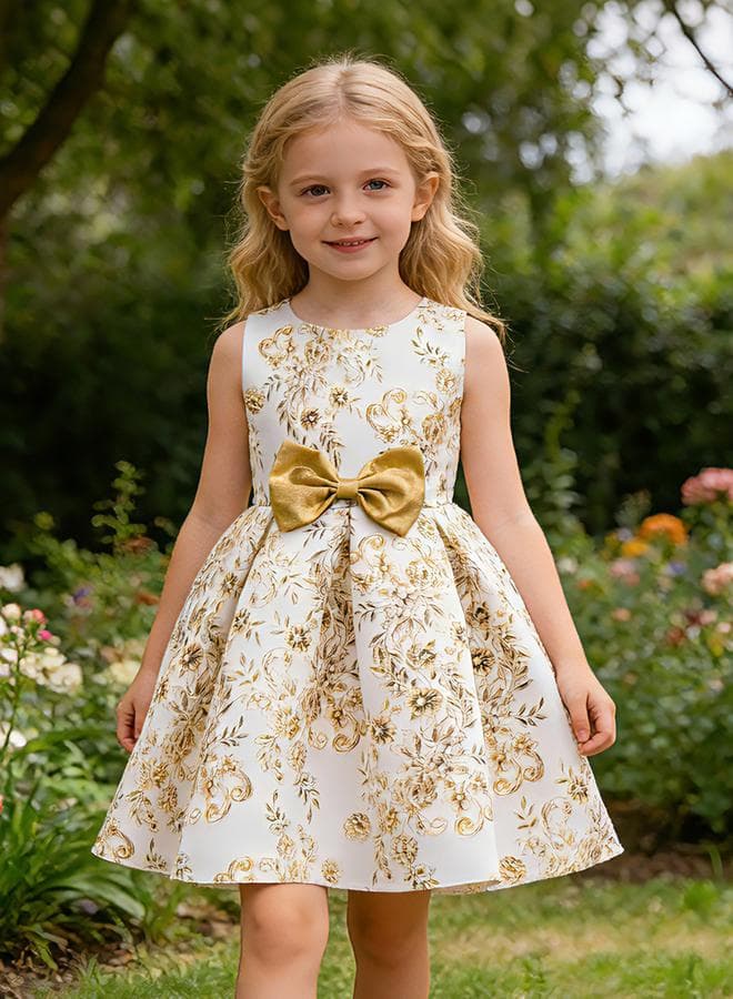 Girls Floral Print Sleeveless Dress With Bow Detail