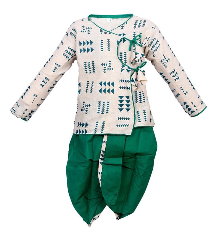 Zingle Boys Kids Ethnic Traditonal Design Pure Cotton Dhoti Kurta Set|Full Sleeves Dhoti Dress Set for Casual|Festival|Occasional-White&Green3 Months - 6 Months, Printed