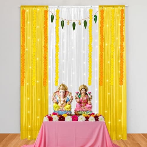 SpecialYou® Ganpati Decoration Setup for Home with Yellow Curtains & Marigold for Ganpati Decorations Backdrop, Pooja Room Decor Items, Ganesh Decoration Items for Home Decor- 13 Pcs