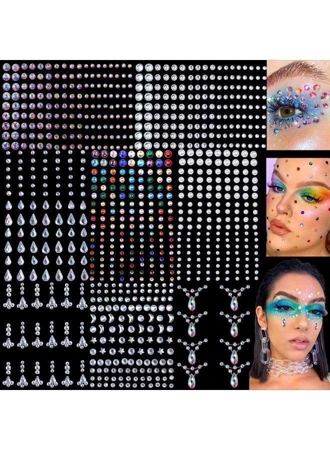 8 Sheets Face Gems Jewels for Makeup 20 Colors Rhinestones Hair Pearls Eye Gems Stick On, Body Jewels Nail Art Festival Party Rave Accessories for Women