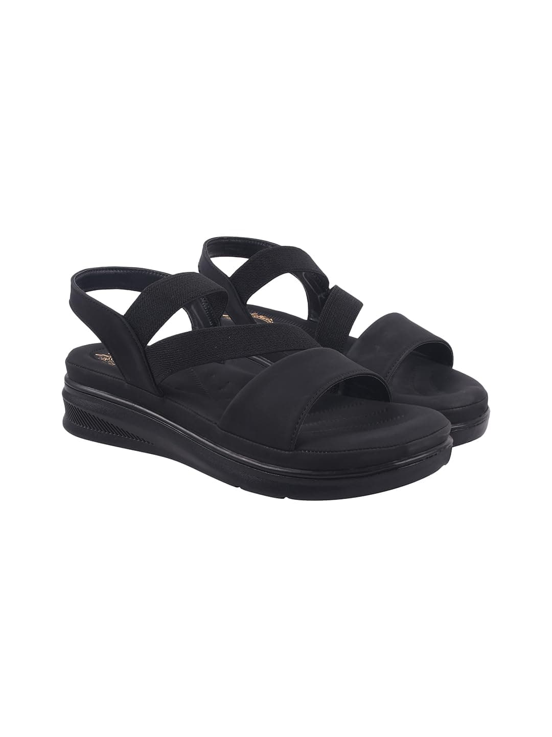 Shoetopia Women's Comfortable Black Sandals with Elastic Straps – Lightweight Wedge Heel, Open Toe, Slip-On Casual Footwear EU38