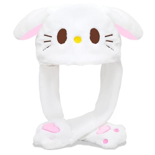 TecoKart® Plush Bunny Dancing Ears Cap - White Kawaii Bunny Ears Winter Hat for Girls, Rabbit Moving Ear Flaps and Press Paws, Plush Wool Winter Caps for Girls Kids