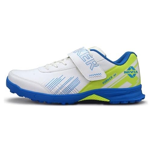 Nivia Yorker 2.0 Cricket Shoes for Men, Synthetic Leather Upper with Velcro Strap, Round Stud PVC Outsole, Die-Cut Soft NR EVA Sockliner (Blue/Lime, UK06)