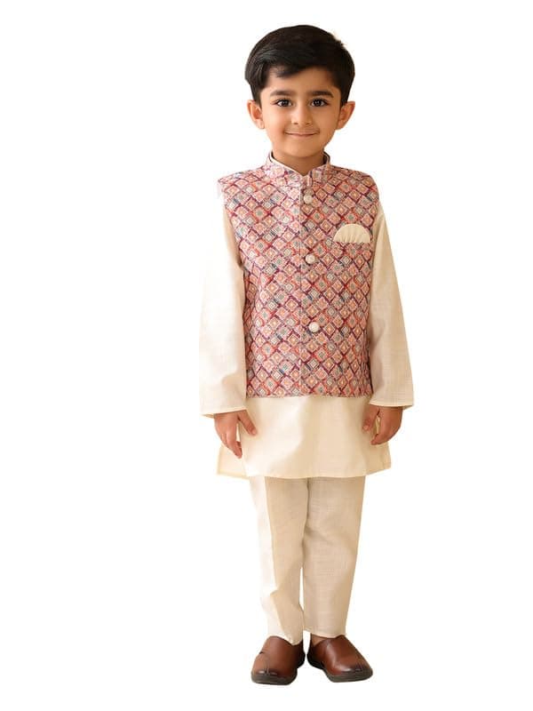 superminis Boys Cotton Printed Gota Work Kurta Pyjama with Jacket Ethnic Wear Set (3-4 Years, Cream)