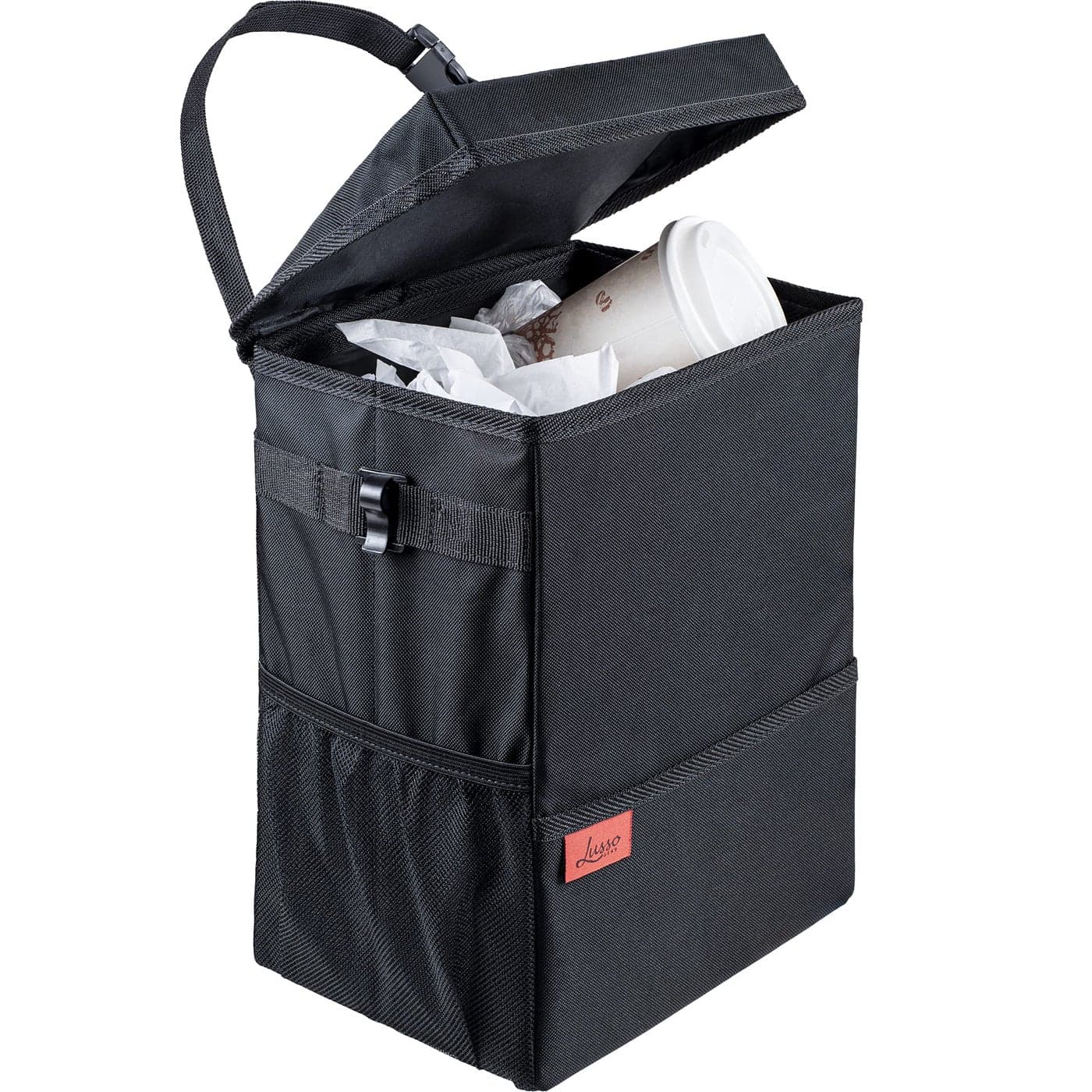 Lusso Gear Car Trash Can 35 Gallon Capacity Black Color ManualLift Opening Mechanism