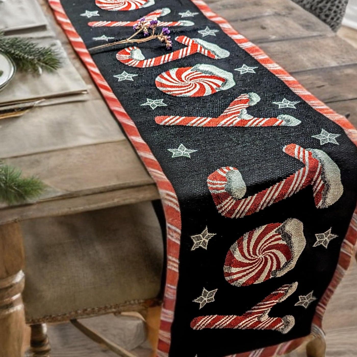 DaDa Bedding Starry Peppermint Joy Tapestry Table Runner Festive Black Red Christmas Holiday Candy Cane Sweets Cotton Linen Woven Kitchen Dining Mats 13 x 90 12904