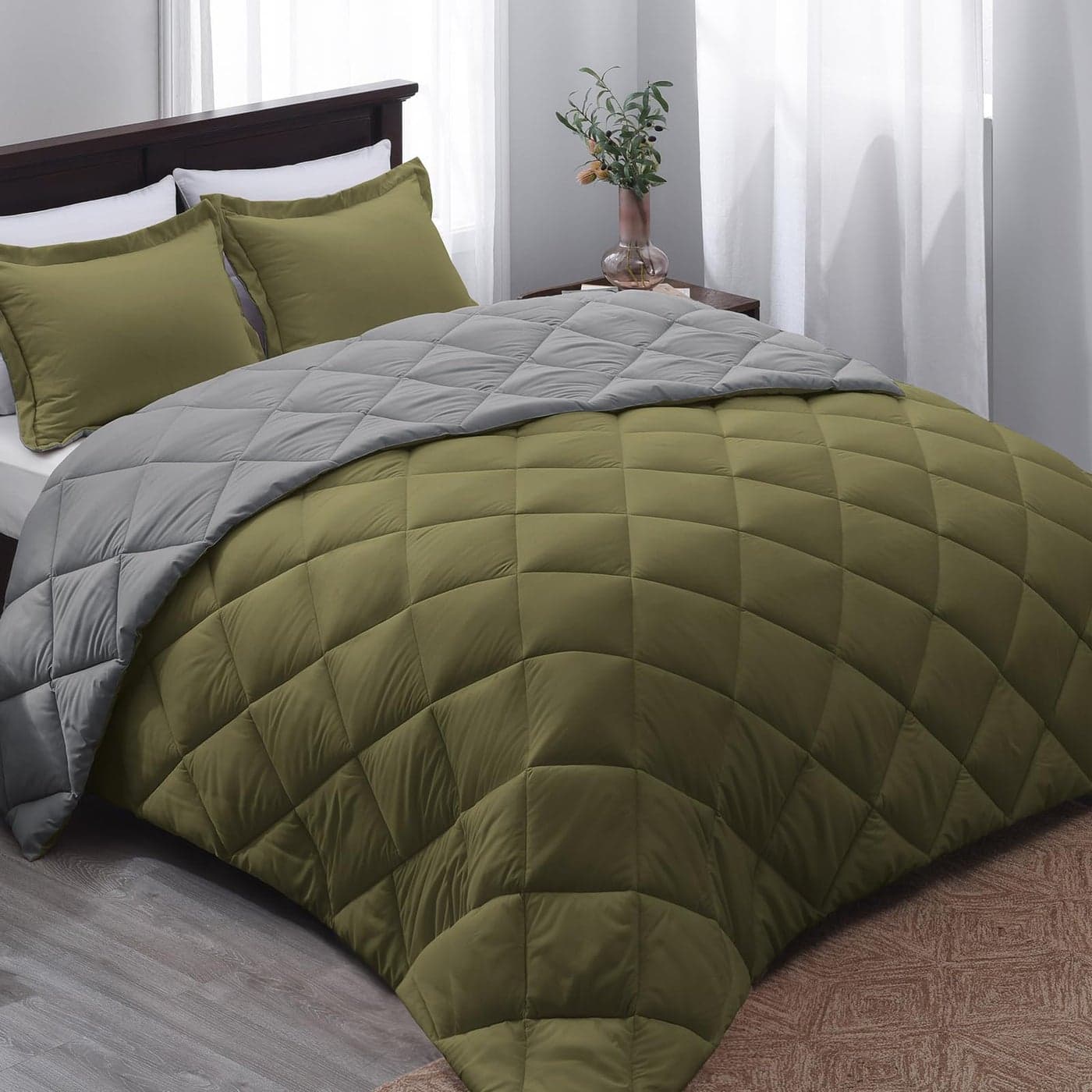 Beyond Twin Comforter Set Olive GreenCharcoal Gray Reversible All Seasons 1 Comforter 66x92 and 1 Pillow Sham 20x262