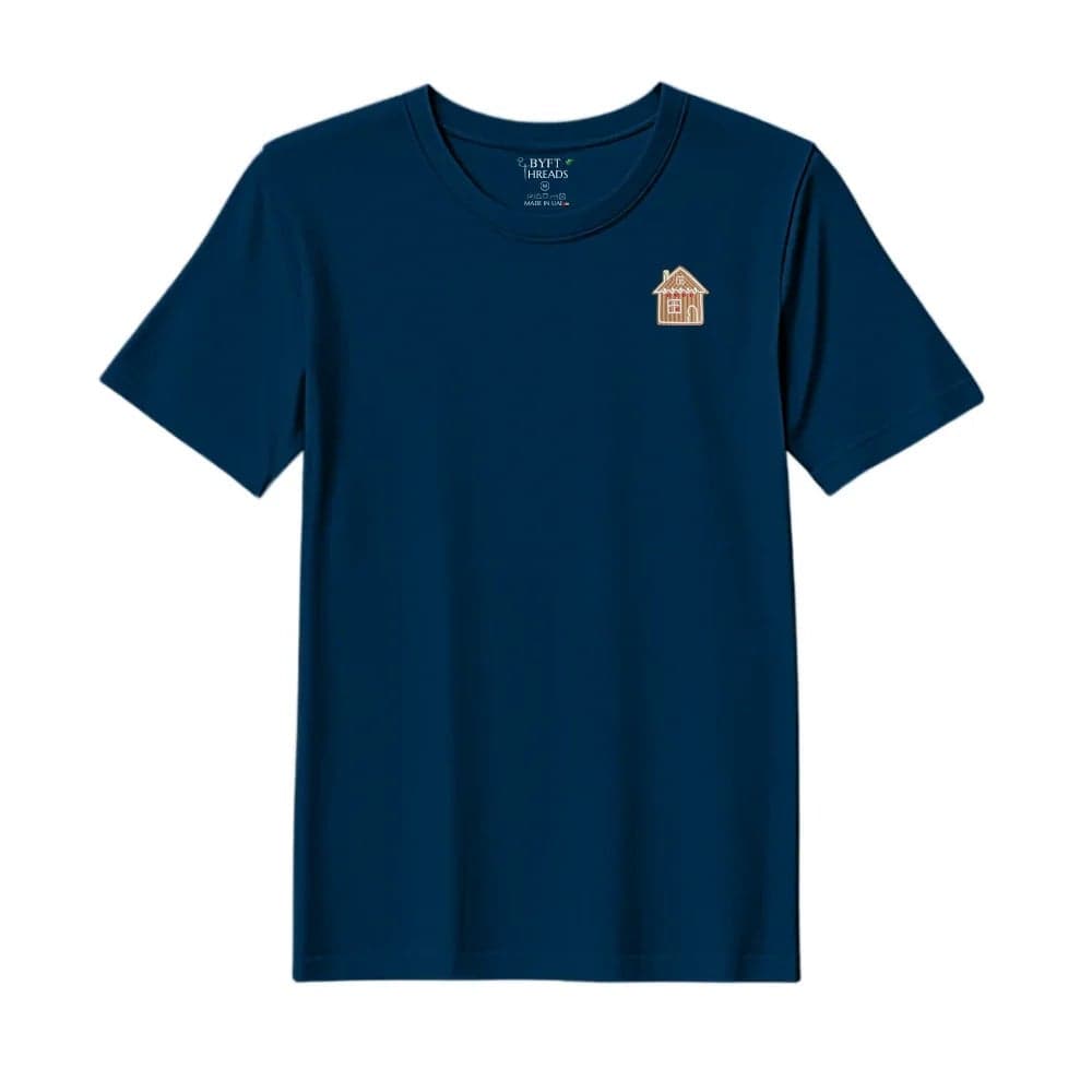 Threads Medium Navy Blue Polycotton T-Shirt - Christmas "Gingerbread House Cookie" Embroidered Design, Premium Holiday Collection