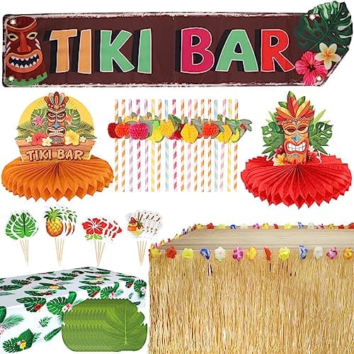 Auihiay Tropical Party Decorations Luau Party Supplies Include Table Skirt Tablecloth Tiki Banner Straws Palm Leaves Cupcake Toppers Honeycomb Centerpieces Hawaiian Themed Party Decorations