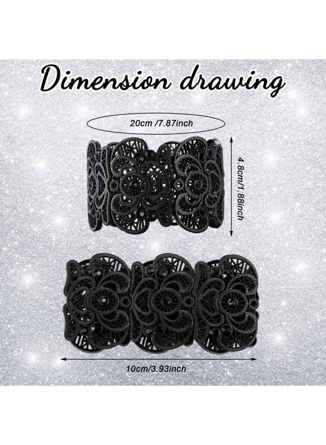 2 Pieces Black Bracelet for Women Gothic Bracelet Vintage Filigree Jewelry Ladies Cuff Bracelets Bohemian Lace Bracelet Lace Cuff Bangle Bracelet Wide Stretch Rhinestone Bracelets Statement Bracelet