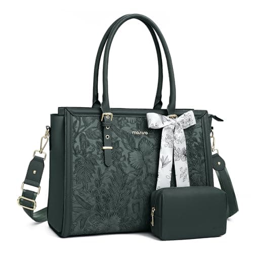 MOSISO Laptop Bag for Women 15616 inch PU Leather Tote Bag Compatible with MacBook HP Dell Asus Notebook Front Embossed Retro Hibiscus Computer Bags with Silk ScarfClutch Purse Emerald Green