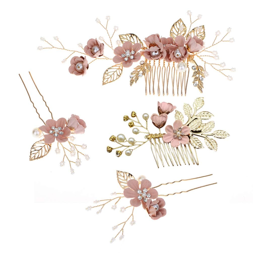 Handmade Rhinestone Floral Hair Comb Set Bridal Headpiece Hair Accessories Hair Pins and Hair Clips for Wedding Dress Pink
