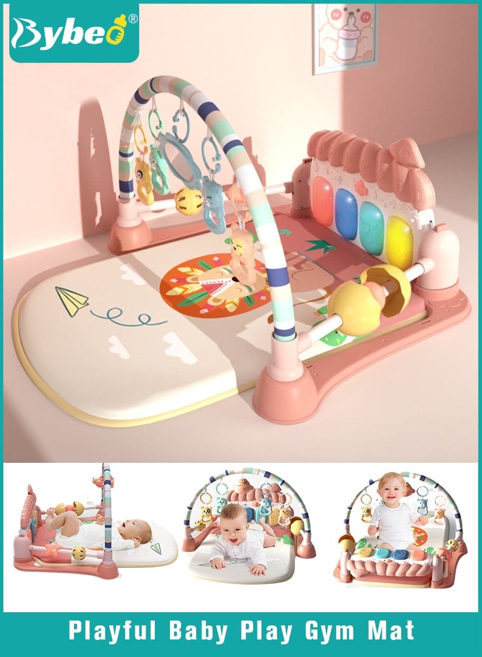 Baby Play Gym Mat, Play Mats for Babies, Kick and Play Piano Gym Mats, Baby Gym Activity Play Mat with Toys and Cushion, Play Piano Activity Center with Music and Lights, for Infants Pre-learning