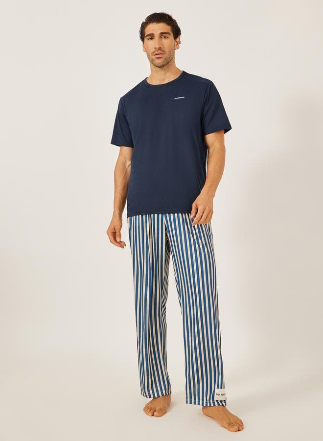 Minimal Printed T-Shirt And Striped Badge Detail Pyjama Set