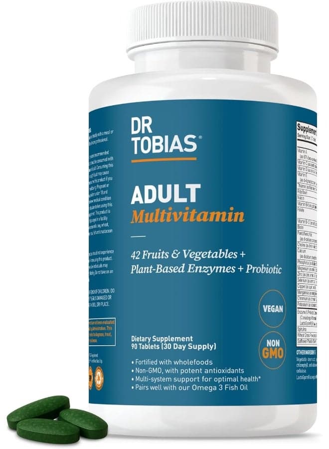 Dr. Tobias Adult Multivitamin for Women & Men, Immune Supporting Vitamins from 42 Fruits, Vegetables, Plus Probiotics, Vegan Multivitamins for Men & Women, Non-GMO, 90 Tablets, 30 Servings