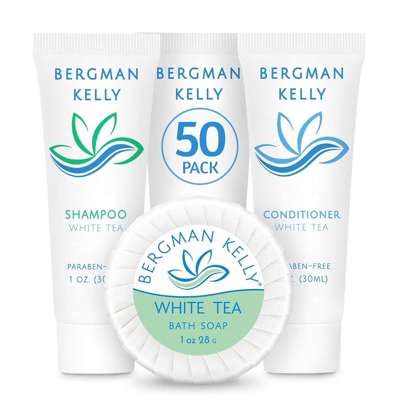 BERGMAN KELLY Round Hotel Soap Bars Shampoo Conditioner 3Piece Set 1 oz each 150 pc White Tea Delight Your Guests with Revitalizing Refreshing Mini Travel Toiletries Bulk Amenities