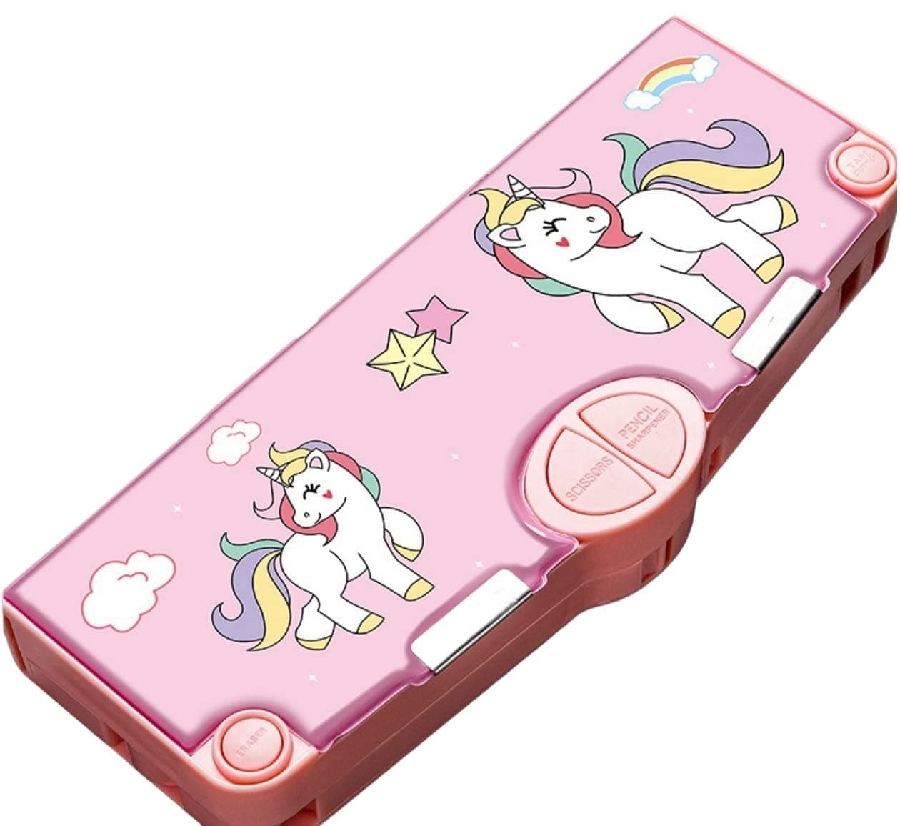 Magicwand Button Operated Multi-Layer Multi-Functional【Unicorn Pink】 Magnetic Pencil Box for Kids with Automatic Buttons【Pack of 1】