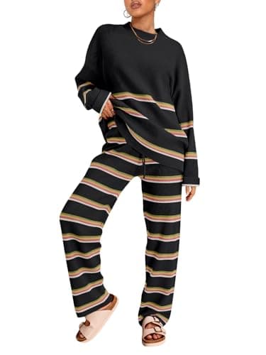 LILLUSORY 2 Piece Sets for Women 2025 Fall Outfits Two Piece Lounge Sets Sweatsuits Striped Knit Sweater Clothes Fashion StripedBlack-2 L
