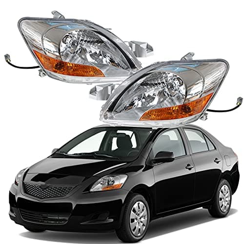 munirater Chrome Housing Headlights Headlamps Assembly Replacement for Yaris 20072011 Base Sedan 4Door with Amber Corner Driver Passenger Side 8117052740 8113052750