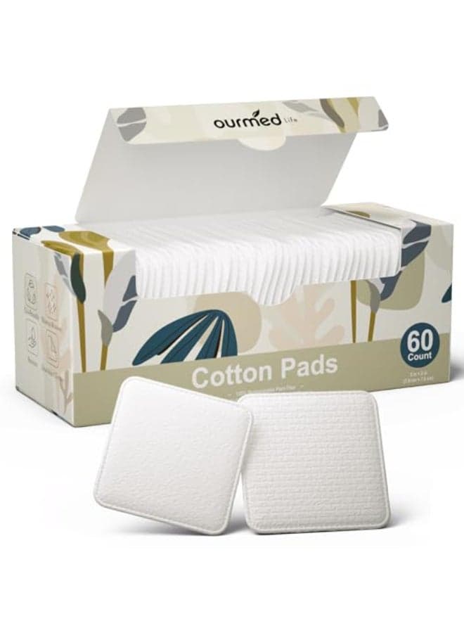 Ourmed Life Large Cotton Pads for Face Soft LintFree Cotton Rounds with Pressed Seam Design Durable Facial Cleansing Squares for Face Ideal Makeup Remover Pads 3x3 Inch 60 Count