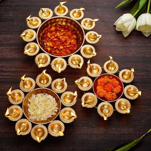 TIED RIBBONS Set of 3 Urli Bowl Set for Home Décor for Floating Flowers (Golden, Iron with Brass Finish) - Decoration Items for Living Room Pooja Uruli Bowls for Home Décor - House Warming Gifts