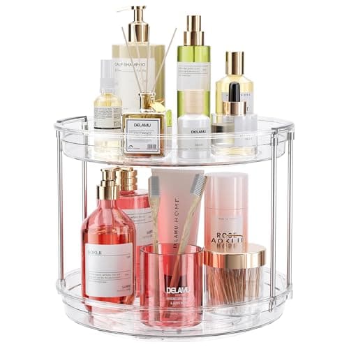LAMU 10.6in Rotating Makeup Organizer for Vanity, 2 Tier Lazy Susan Turntable Stackable Spinning Skincare Organizer Cosmetic Perfume Tray for Bathroom Counter, Large Capacity, Clear