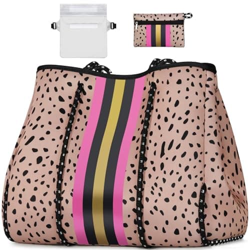 IBFUN Neoprene Bag, Large Multipurpose Beach Bag Upgraded Neoprene Tote Bag with Inner Zipper Pocket for Women/Beach/Pool(Pink Leopard)