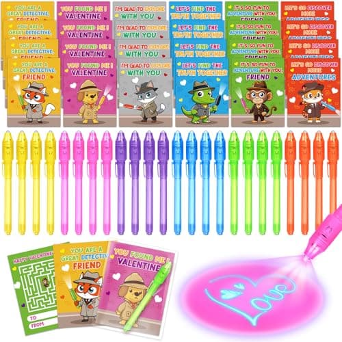 Shemira 24 Pack Valentines Day Cards for Kids Classroom Exchange Prizes Valentines Gift Cards with Invisible Ink Pens Valentine Party Favors Valentine Greeting Cards for Kids Boys Girls