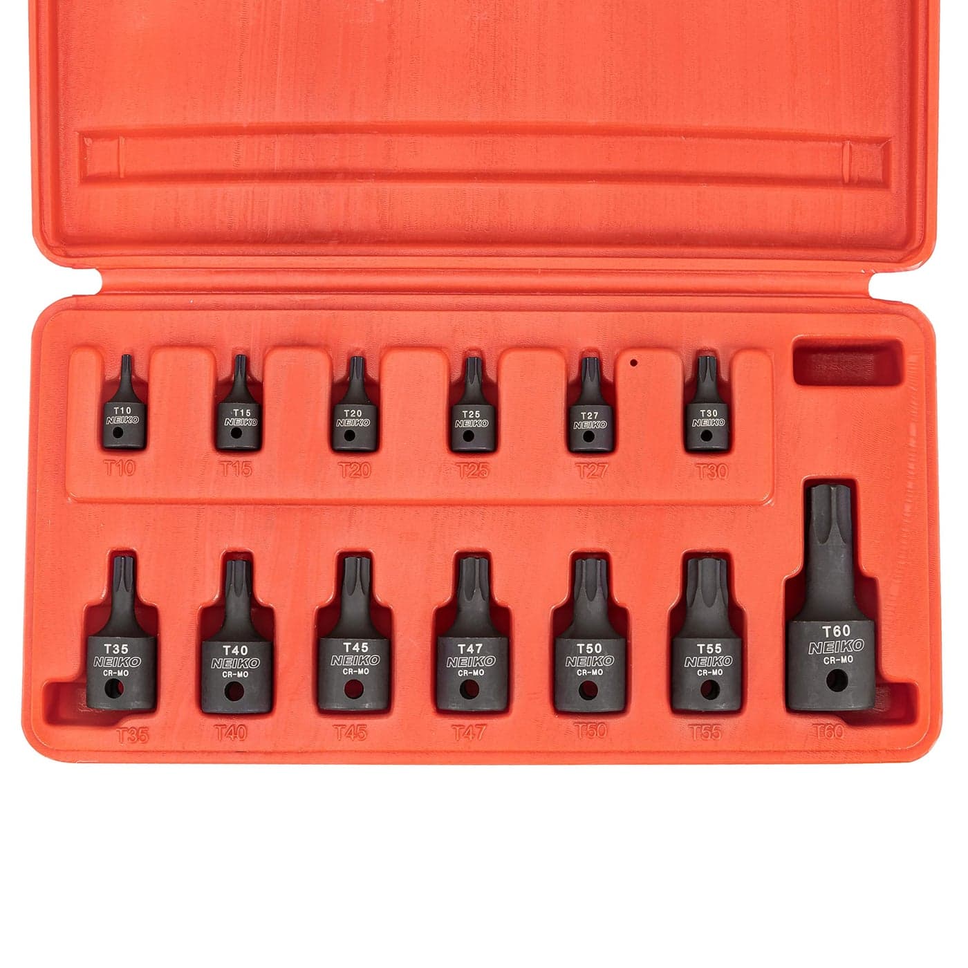 NEIKO 10281B Impact Torx Bit Socket Set, 1/4", 3/8", & 1/2" Drive, 6 Point Star Sockets, Heavy Duty Impact Grade Cr-Mo, T10 to T60 High Impact, Professional Grade Auto & Motorcycle Mechanic Socket Set