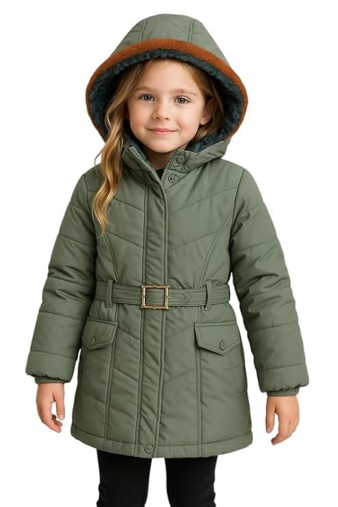 Krystle Girls’ Hooded Winter Jacket – Warm Quilted Puffer Coat with Belt, Water-Resistant Outerwear for Cold Weather (Green,8-9 Years)