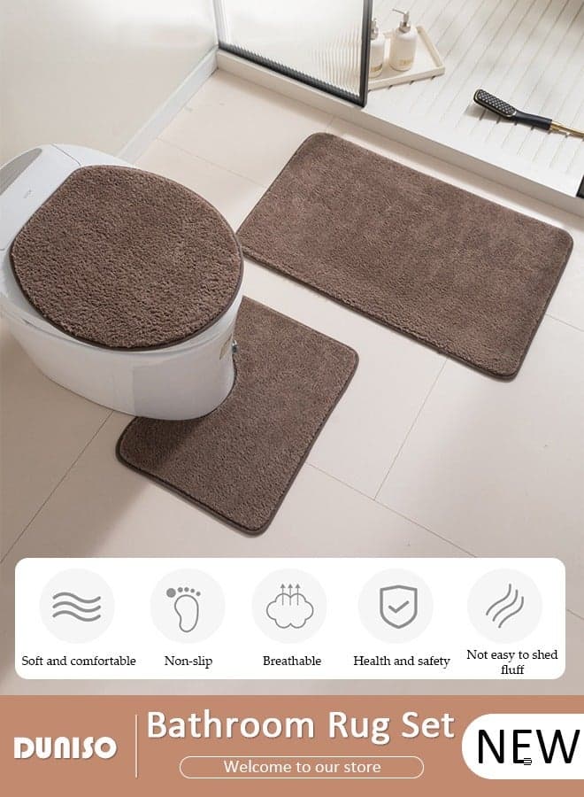 3 Piece Bathroom Rug Set Includes Bath Rug, Contour Mat and Toilet Lid Cover, Super Soft Water Absorbent & Non-Slip Bath Mats for Bathroom Floor, Tub and Shower Room, Machine Washable