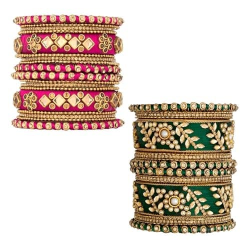 Peora Combo of Magenta & Dark Green Silk Thread Stone Chuda Bangle Set Gift for Women 2.6"