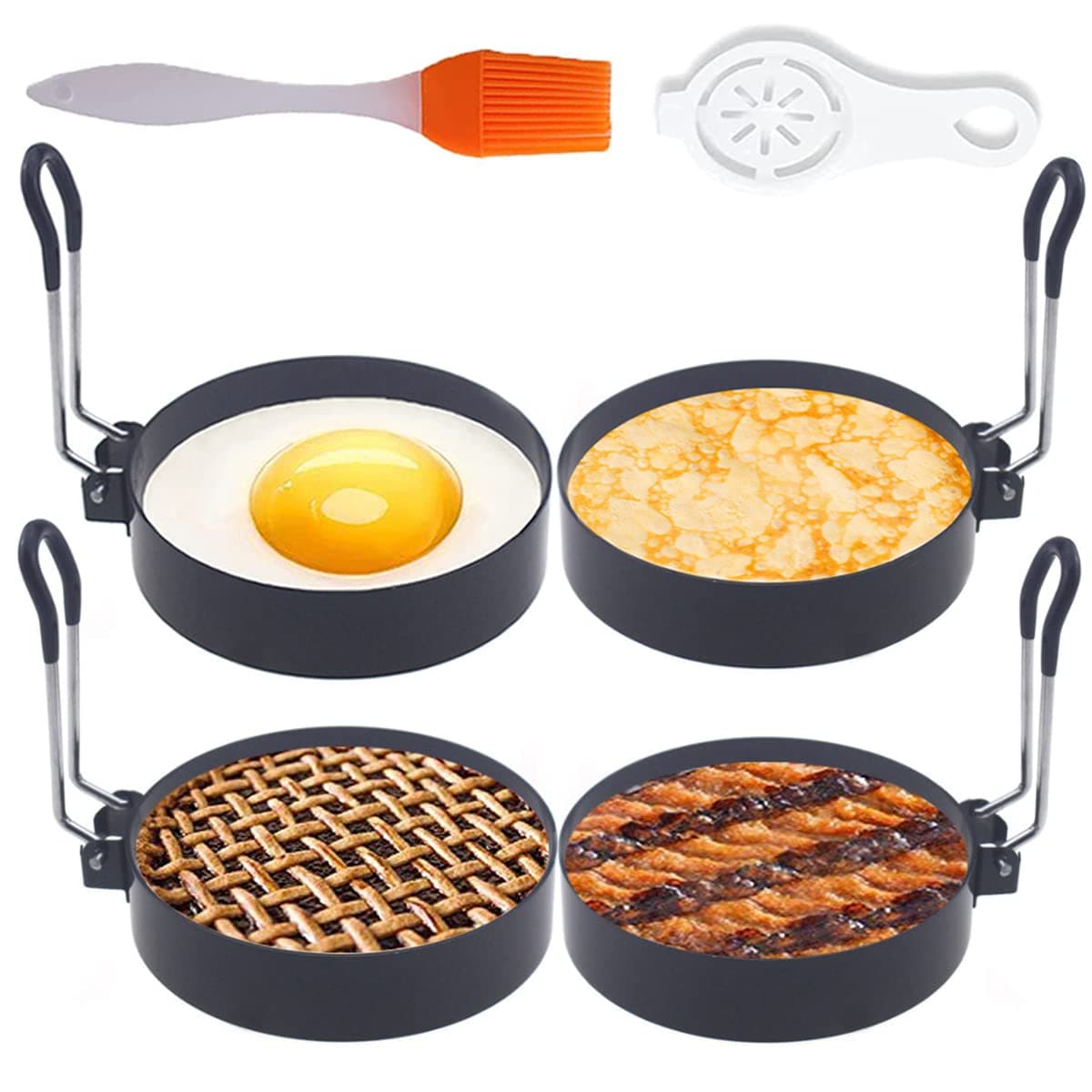 Upgrade 4 Large Egg Rings for Griddle4 Packs Nonstick Stainless Steel Egg Cooking Ring for Frying Egg4 Inch Round Egg Cooker Egg Circle Pancake Ring Silicone Grill with Oil Brush Egg Separator