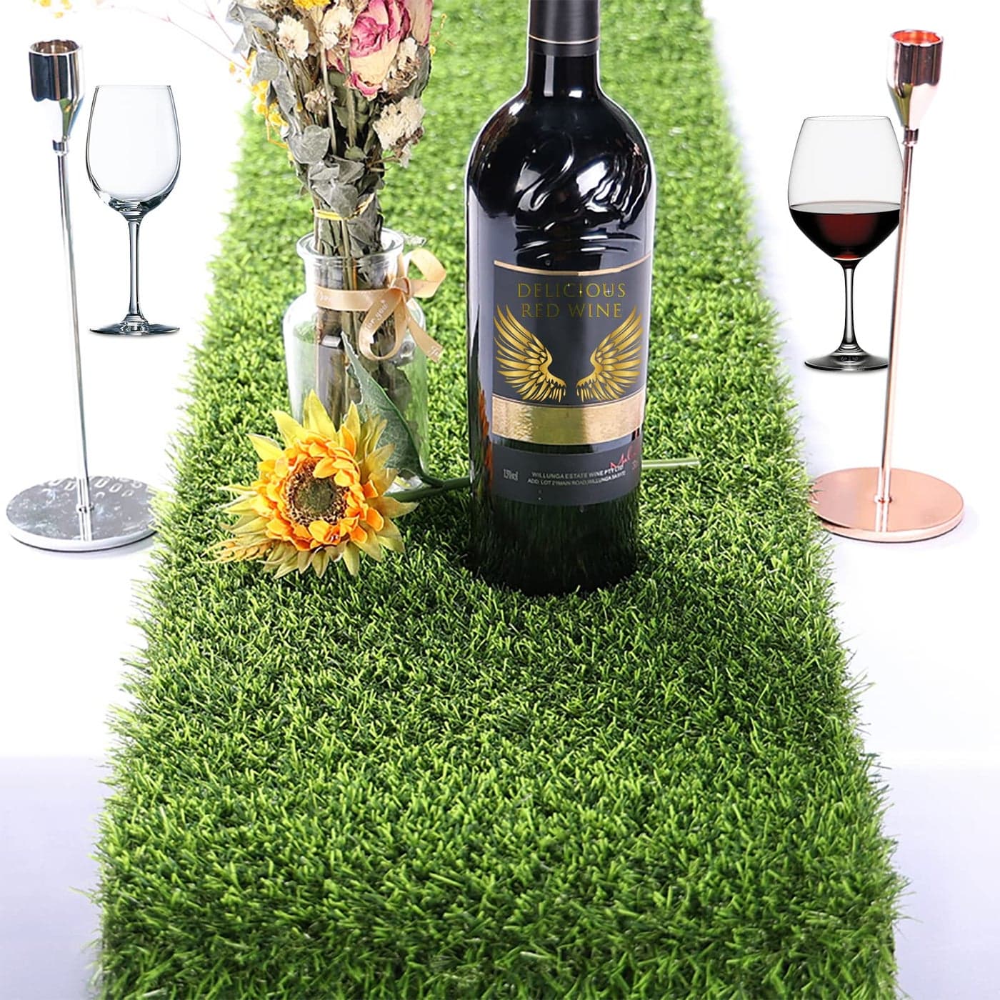Kesfey Grass Table Runner 12 x 72 Inch Synthetic Grass Rug Roll Durable Green Waterproof Artificial Tabletop Decoration Tailorable Table Runners for Holiday Party Themed Tea Party Outdoor Banquet
