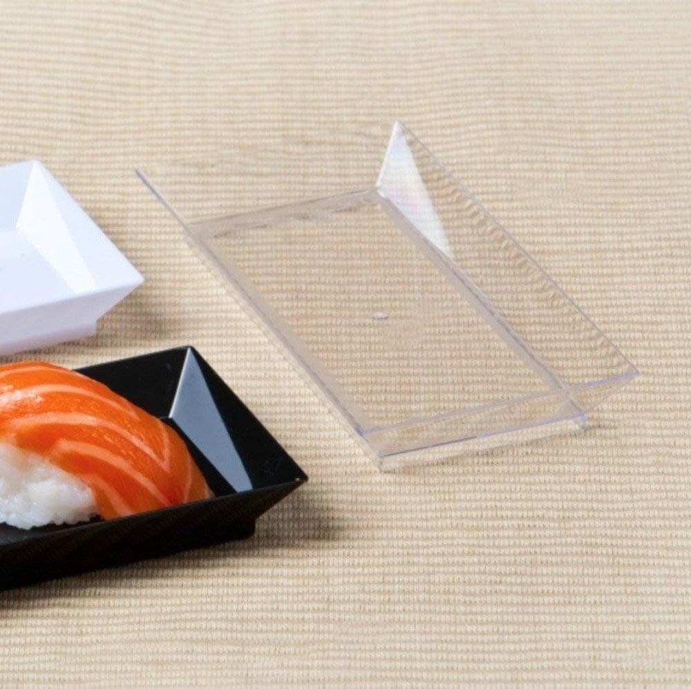 Zappy 50ct 25 x 5 Elegant Petite Mini Rectangle Tray Appetizer Dessert Plates Disposable Hard Plastic Miniature Tasting Sushi Trays Sample Dish Party Plates Black