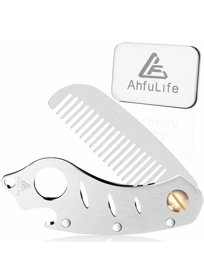 Stainless Steel Hair & Beard Comb, Multifunctional Folding EDC Pocket Comb with Bottle Opener, Anti-Static Hair & Beard Care Comb, Presented in Gift Box