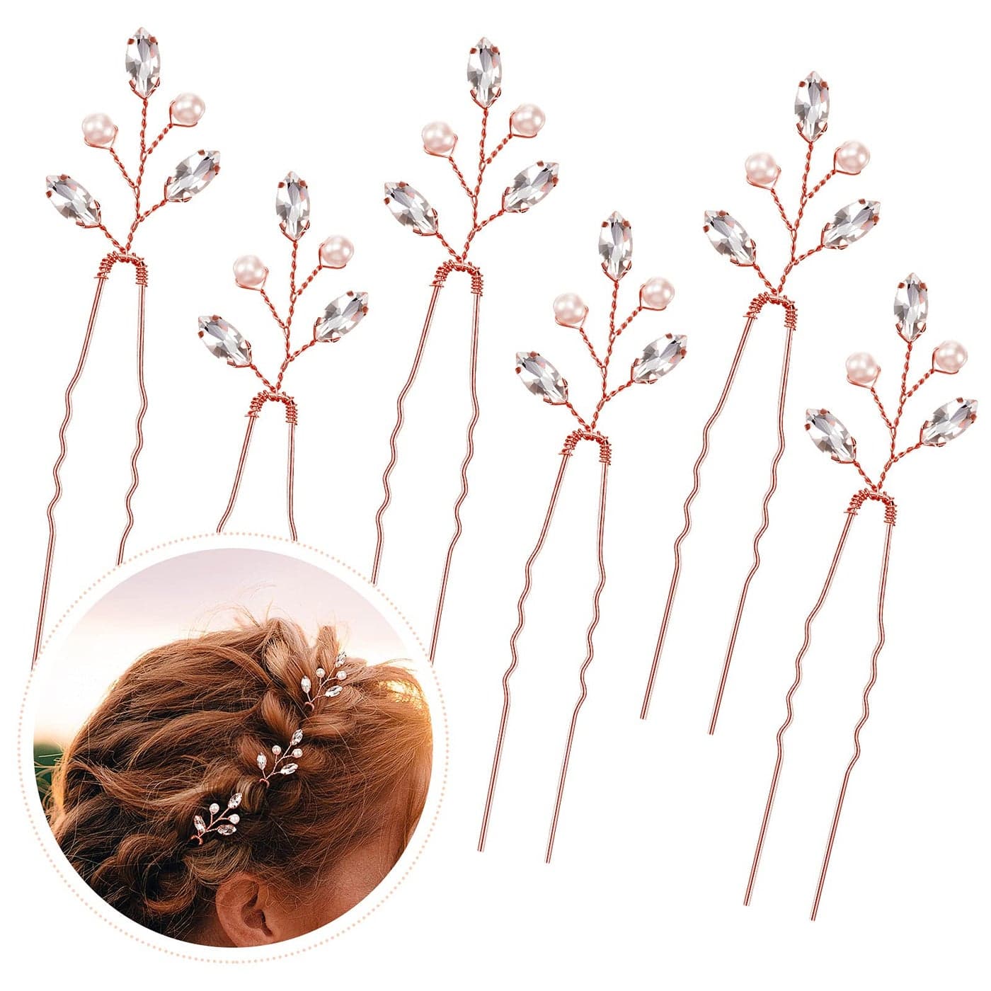 Syhood 6 Pieces Pearl Crystal Bridal Hair Pins Rhinestone Flower Wedding Hair Pins Prom Accessory for Women Wedding HairstylesRose Gold