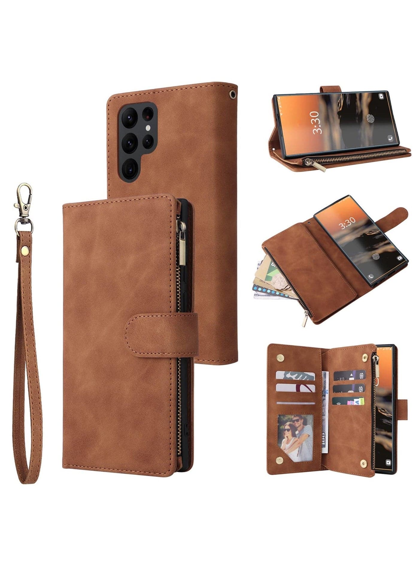 Wallet Case Suitable for Samsung Galaxy S23 Ultra 5G Flip Folio Kickstand with Zipper Wrist Strap Leather Magnetic Adsorption Flip Protective Cover