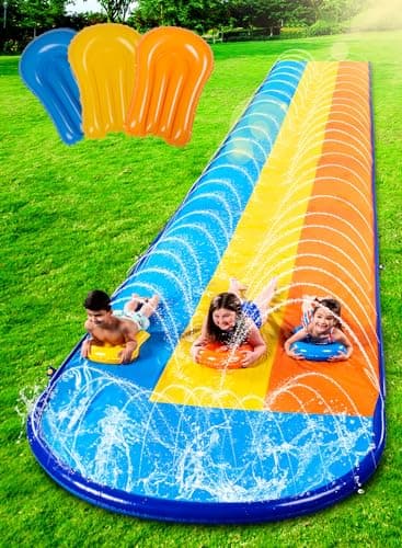 Sloosh Triple Water Slide with 3 BodyBoards, 18FT Lawn Slip Water Splash Slide Summer Toy Splash Pad with Build in Advanced Sprinkler for Kids Adults Backyard Summer Water Fun