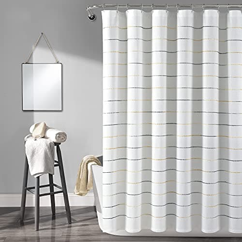 Lush Decor Ombre Stripe Yarn Dyed Cotton Shower Curtain, 72" W x 72" L, Yellow & Gray - Fabric Shower Curtains - Striped Bathroom Curtain - Farmhouse & Coastal Decor