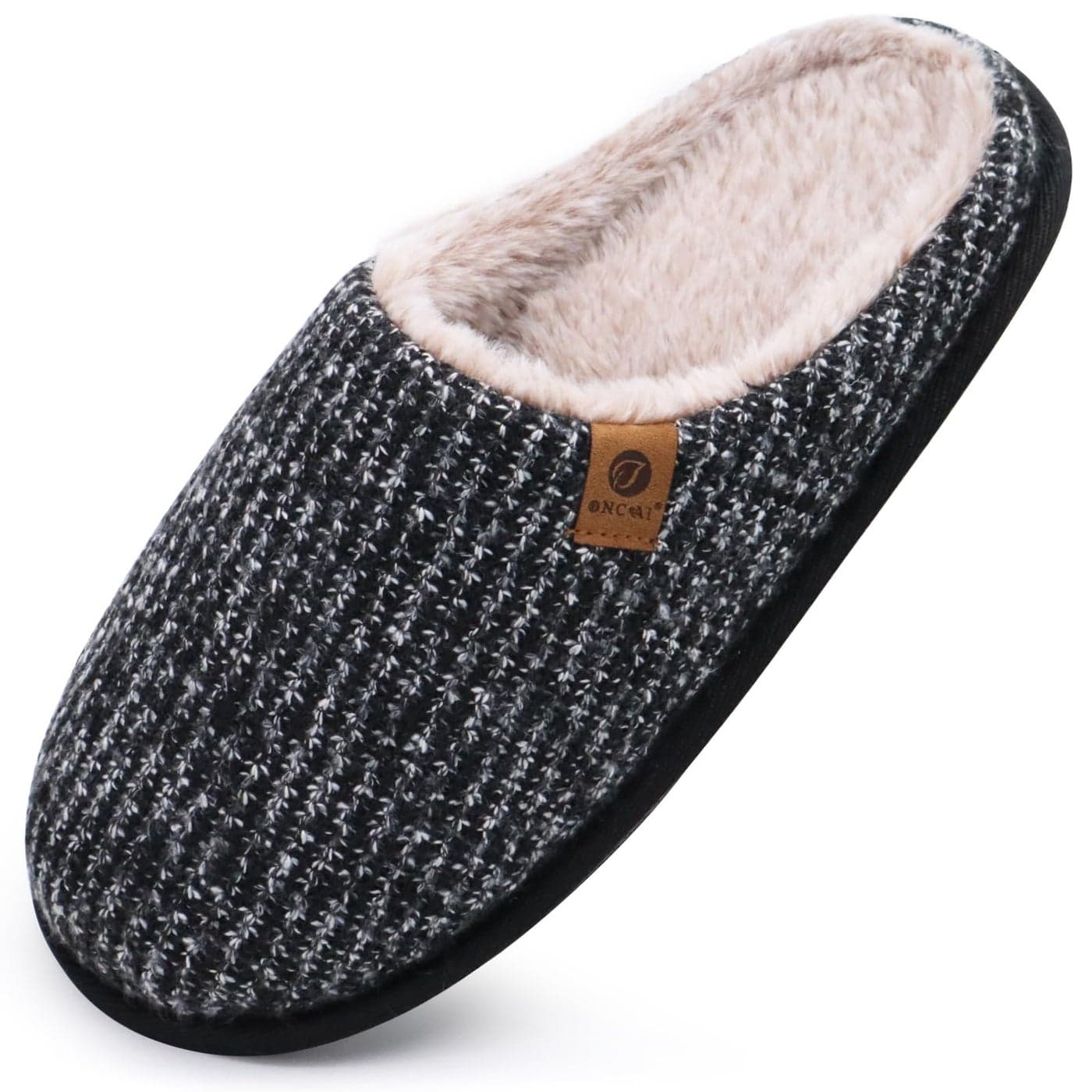 ONCAI Mens Black Knit Stripes Cozy Memory Foam scuff Slippers Slip On Warm Faux Fur House Shoes Indoor/Outdoor With Best Arch Surpport Size 11
