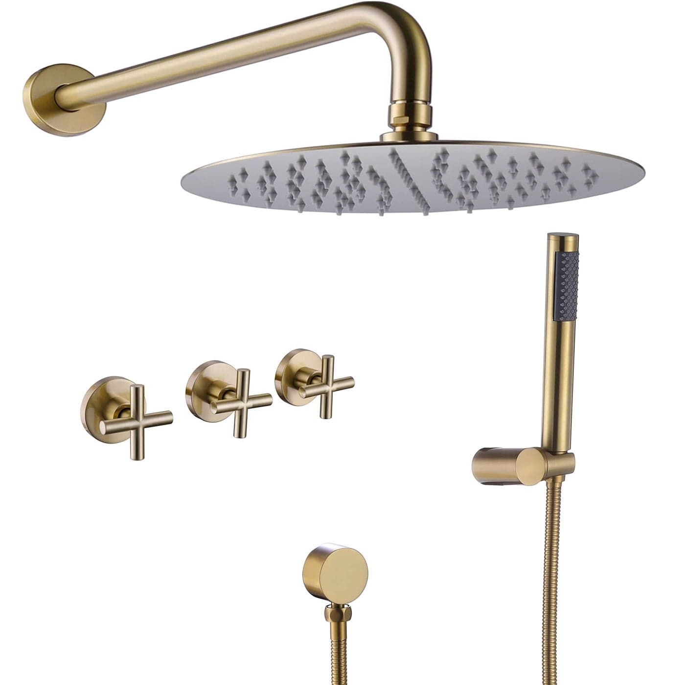 RBROHANT Gold Shower System Brass Shower Faucet Set, 10 Inch High Pressure Round Rain Shower Head with Handheld Spray, Wall Mounted, Rough-in Valve Included, Brushed Gold, RCS81010BG