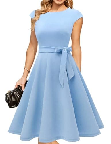 DRESSTELLS Womens Cocktail Dresses Modest Formal Wedding Guest Bridesmaid Dress Fit Flare Vintage Tea Length Holiday Party Prom Dress Sky Blue XS