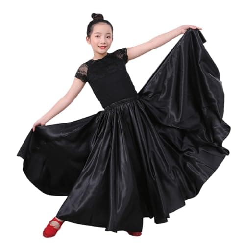 Girls Satin Full Circle Long Dance Skirt Ankle Length Shiny Satin Swing Skirt for Girls 8-12 Years Belly Dance Long Skirt (360 Degree, Black)