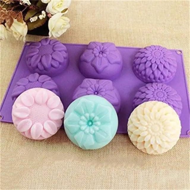 APSAMBR-Silicone 6 Cavity Sunflower Mixed Flower Chrysanthemum Cupcake Baking Muffin Candle Soap Mould (Output Weight Approx :100 Grams)